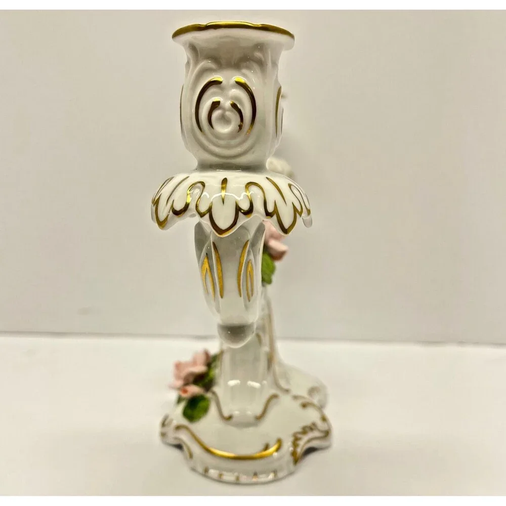 Vintage AK W. Germany Double Porcelain Candle Holder 700–Pink Rose Dresden Style
